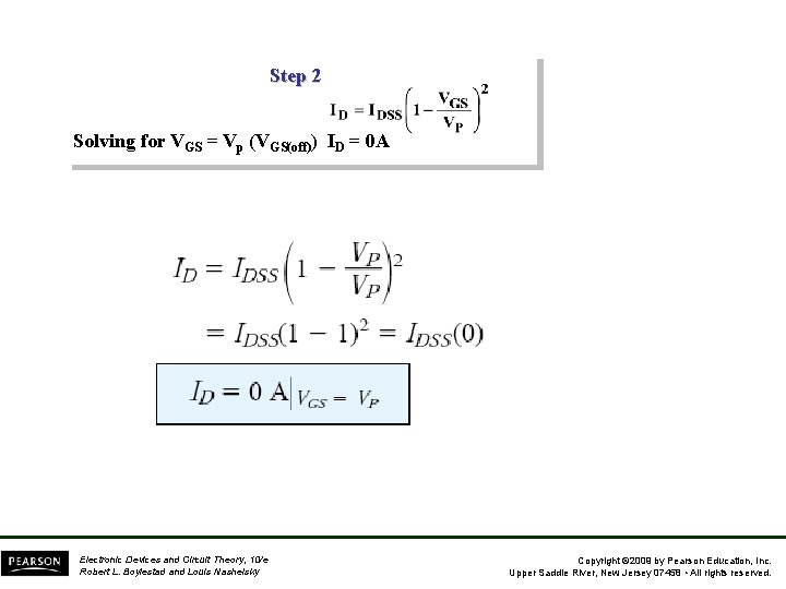 Step 2 Solving for VGS = Vp (VGS(off)) ID = 0 A Electronic Devices