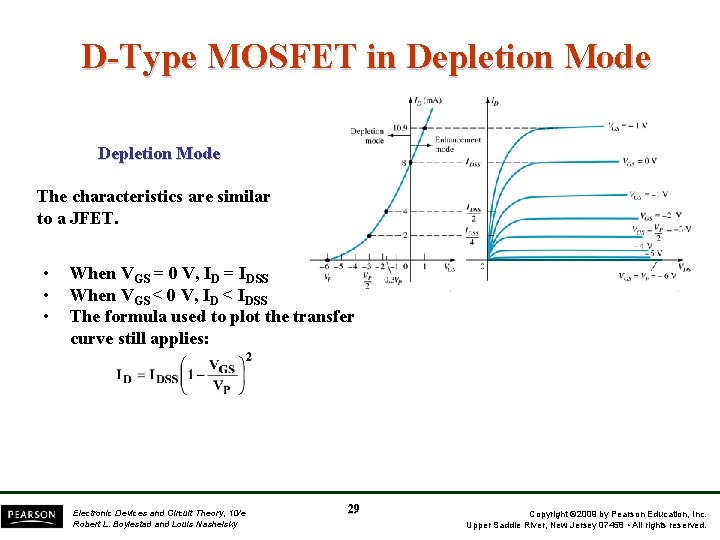 D-Type MOSFET in Depletion Mode The characteristics are similar to a JFET. • •
