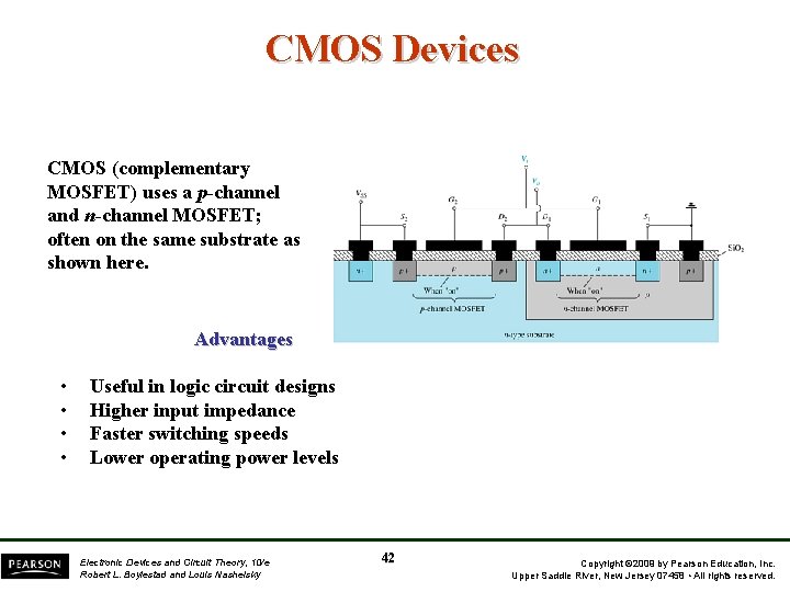 CMOS Devices CMOS (complementary MOSFET) uses a p-channel and n-channel MOSFET; often on the