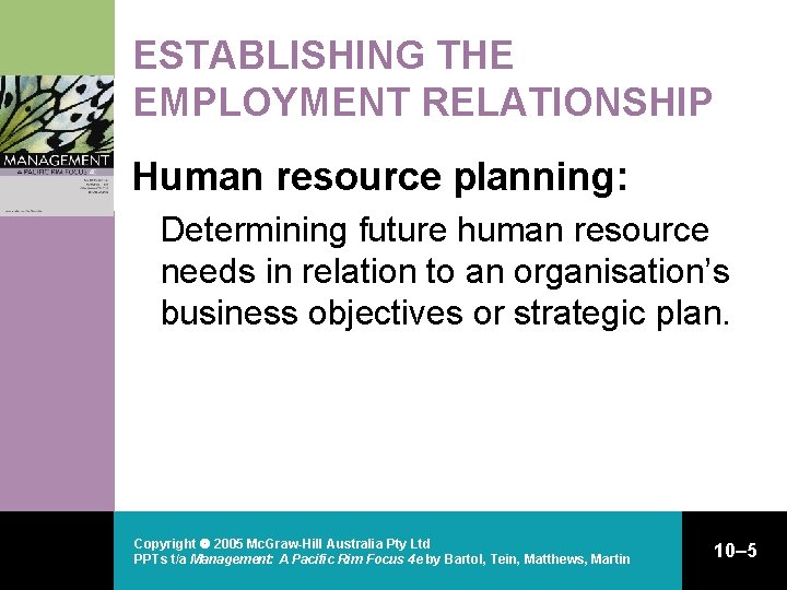 ESTABLISHING THE EMPLOYMENT RELATIONSHIP Human resource planning: Determining future human resource needs in relation ESTABLISHING THE EMPLOYMENT RELATIONSHIP Human resource planning: Determining future human resource needs in relation
