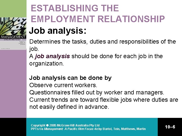 ESTABLISHING THE EMPLOYMENT RELATIONSHIP Job analysis: Determines the tasks, duties and responsibilities of the ESTABLISHING THE EMPLOYMENT RELATIONSHIP Job analysis: Determines the tasks, duties and responsibilities of the