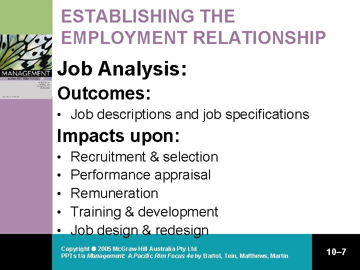 ESTABLISHING THE EMPLOYMENT RELATIONSHIP Job Analysis: Outcomes: • Job descriptions and job specifications Impacts ESTABLISHING THE EMPLOYMENT RELATIONSHIP Job Analysis: Outcomes: • Job descriptions and job specifications Impacts