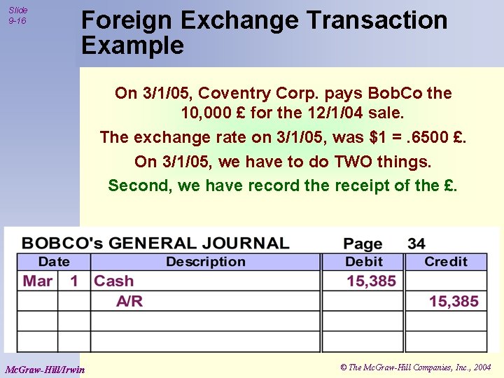 Slide 9 -16 Foreign Exchange Transaction Example On 3/1/05, Coventry Corp. pays Bob. Co