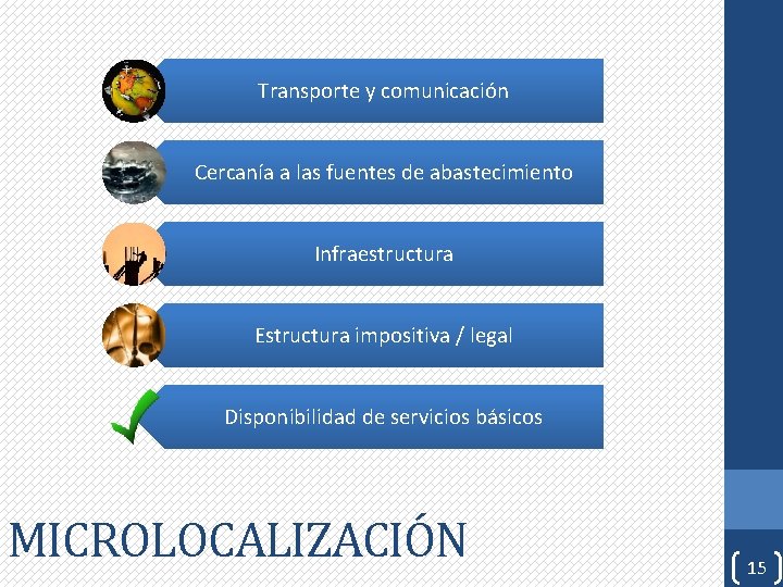 Transporte y comunicación Cercanía a las fuentes de abastecimiento Infraestructura Estructura impositiva / legal