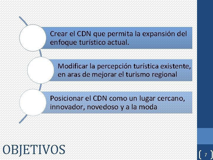 Crear el CDN que permita la expansión del enfoque turístico actual. Modificar la percepción