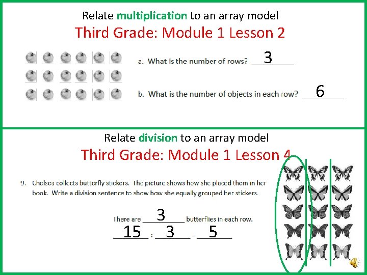 Relate multiplication to an array model Third Grade: Module 1 Lesson 2 3 6