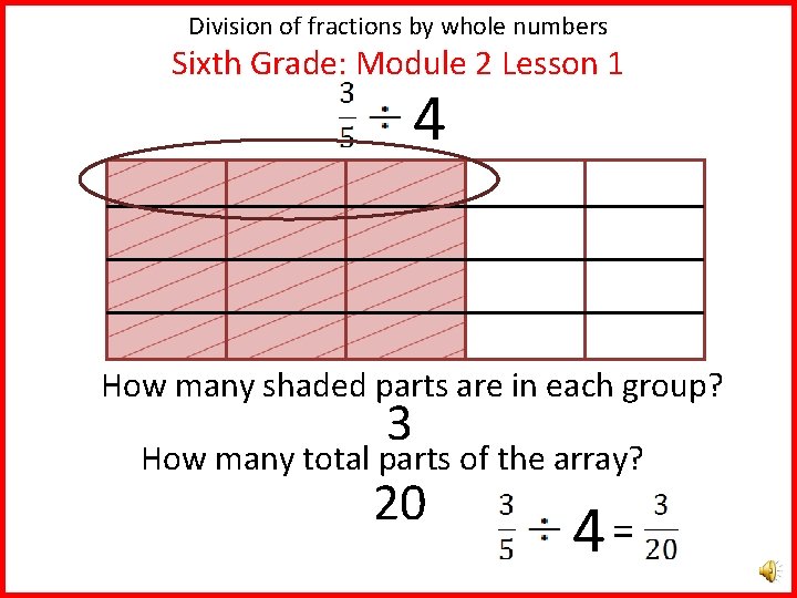 Division of fractions by whole numbers Sixth Grade: Module 2 Lesson 1 4 How