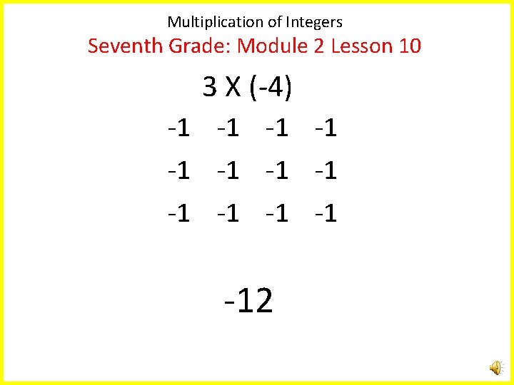 Multiplication of Integers Seventh Grade: Module 2 Lesson 10 3 X (-4) -1 -1