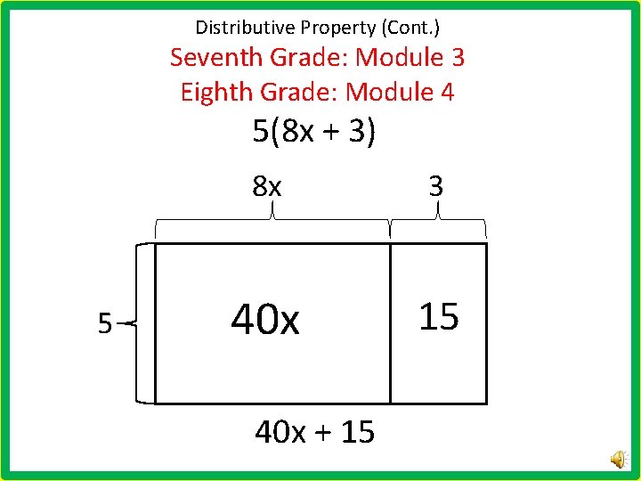 Distributive Property (Cont. ) Seventh Grade: Module 3 Eighth Grade: Module 4 5(8 x