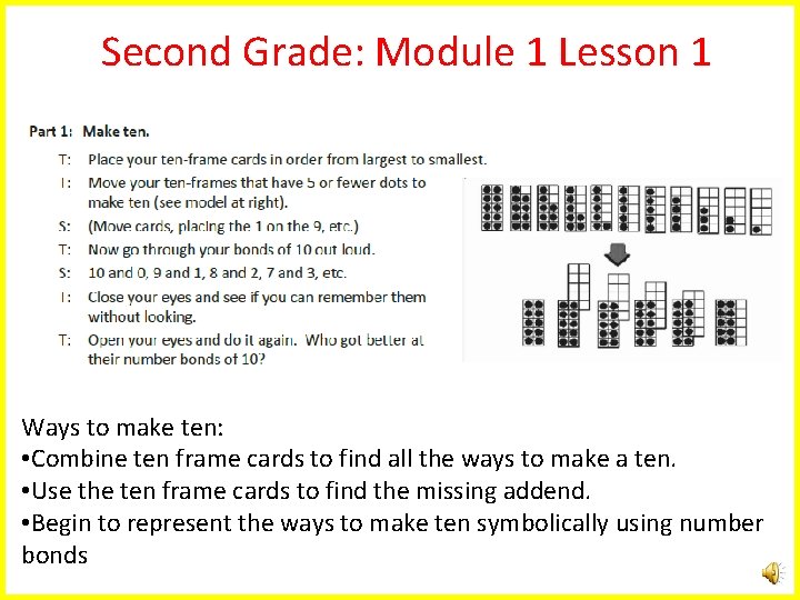 Second Grade: Module 1 Lesson 1 Ways to make ten: • Combine ten frame