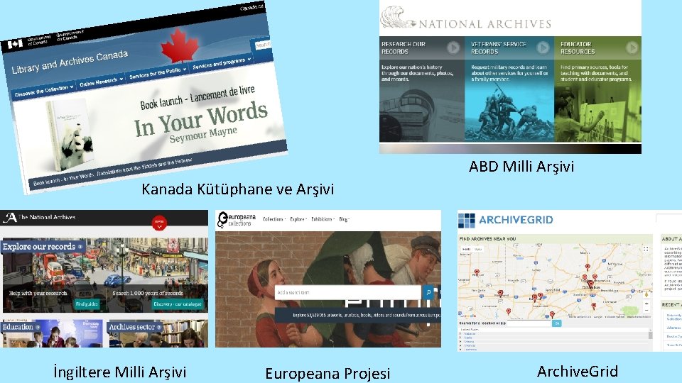 ABD Milli Arşivi Kanada Kütüphane ve Arşivi İngiltere Milli Arşivi Europeana Projesi Archive. Grid