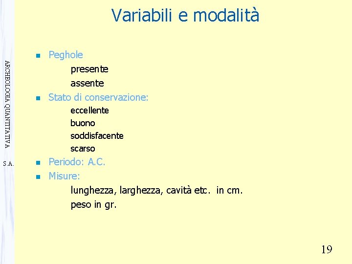 Variabili e modalità n ARCHEOLOGIA QUANTITATIVA S. A. n Peghole presente assente Stato di