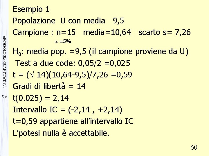 ARCHEOLOGIA QUANTITATIVA S. A. Esempio 1 Popolazione U con media 9, 5 Campione :