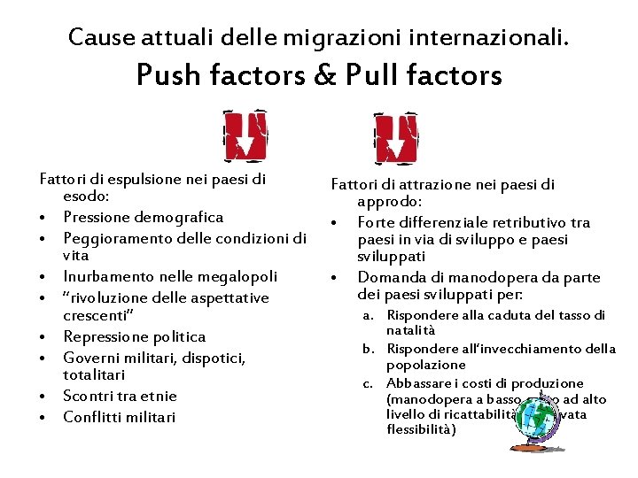 Cause attuali delle migrazioni internazionali. Push factors & Pull factors Fattori di espulsione nei