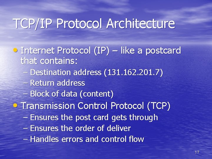 TCP/IP Protocol Architecture • Internet Protocol (IP) – like a postcard that contains: – TCP/IP Protocol Architecture • Internet Protocol (IP) – like a postcard that contains: –