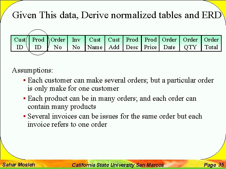 Given This data, Derive normalized tables and ERD Cust ID Prod ID Order No