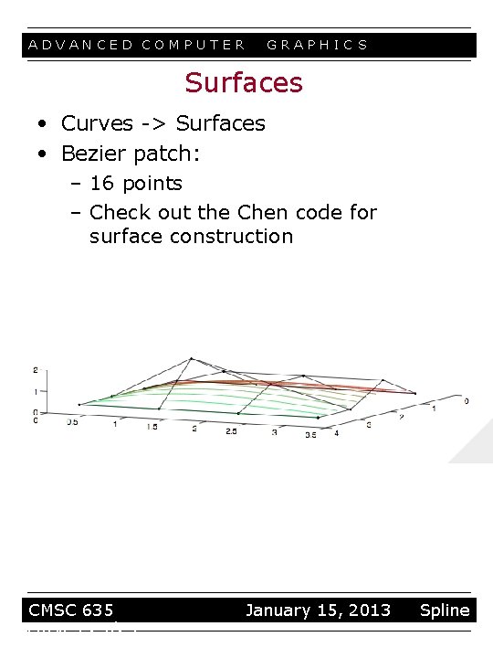 ADVANCED COMPUTER GRAPHIC S Surfaces • Curves -> Surfaces • Bezier patch: – 16