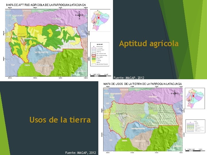 Aptitud agrícola Fuente: MAGAP, 2012 Usos de la tierra Fuente: MAGAP, 2012 