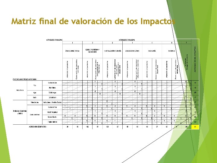 Matriz final de valoración de los Impactos 