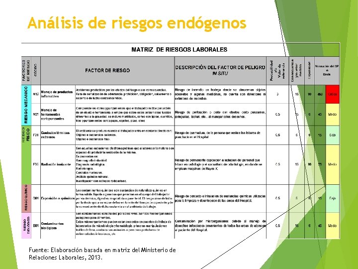 Análisis de riesgos endógenos Fuente: Elaboración basada en matriz del Ministerio de Relaciones Laborales,