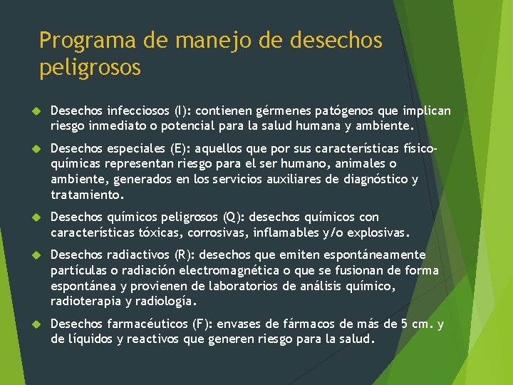 Programa de manejo de desechos peligrosos Desechos infecciosos (I): contienen gérmenes patógenos que implican