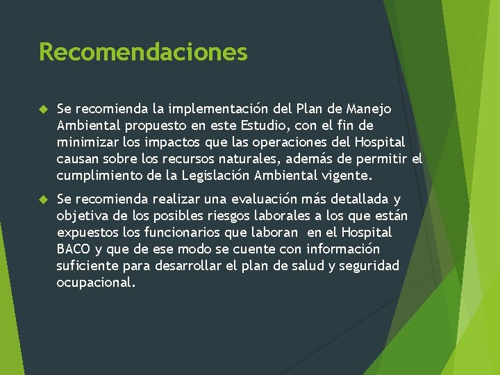 Recomendaciones Se recomienda la implementación del Plan de Manejo Ambiental propuesto en este Estudio,