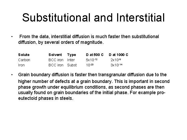 Substitutional and Interstitial • From the data, interstitial diffusion is much faster then substitutional