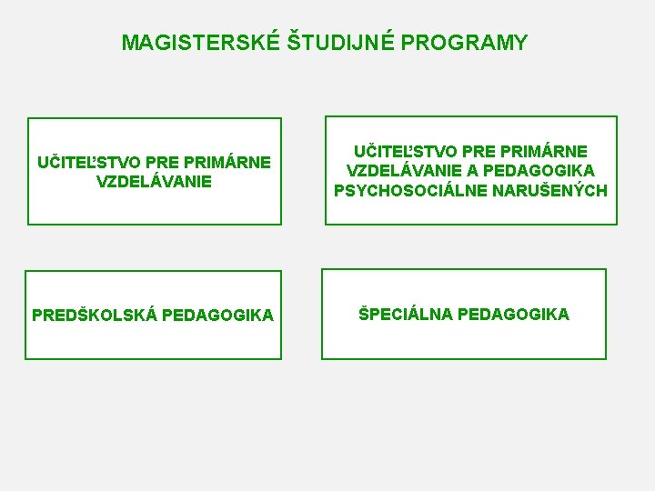 MAGISTERSKÉ ŠTUDIJNÉ PROGRAMY UČITEĽSTVO PRE PRIMÁRNE VZDELÁVANIE PREDŠKOLSKÁ PEDAGOGIKA UČITEĽSTVO PRE PRIMÁRNE VZDELÁVANIE A