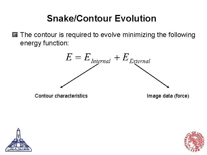 Snake/Contour Evolution The contour is required to evolve minimizing the following energy function: Contour