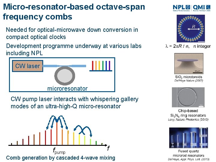 Micro-resonator-based octave-span frequency combs Needed for optical-microwave down conversion in compact optical clocks Development