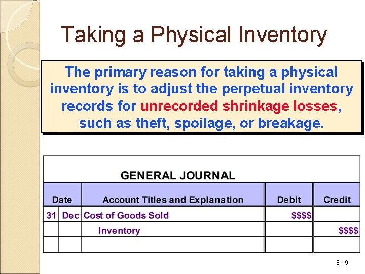 Taking a Physical Inventory The primary reason for taking a physical inventory is to