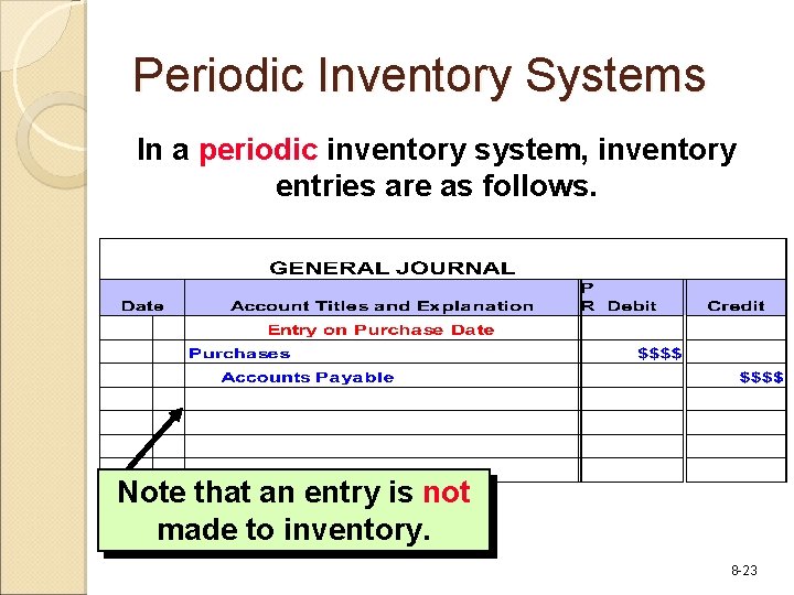 Periodic Inventory Systems In a periodic inventory system, inventory entries are as follows. Note