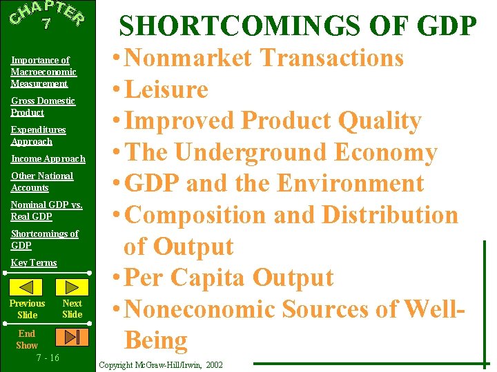 SHORTCOMINGS OF GDP Importance of Macroeconomic Measurement Gross Domestic Product Expenditures Approach Income Approach