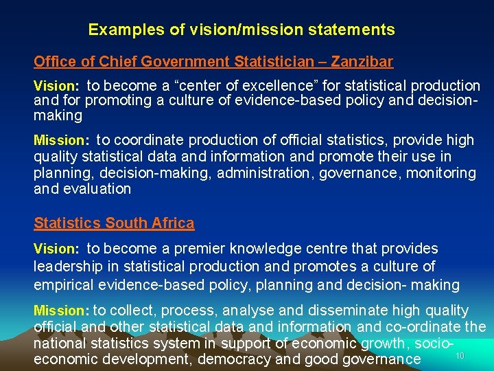 Examples of vision/mission statements Office of Chief Government Statistician – Zanzibar Vision: to become