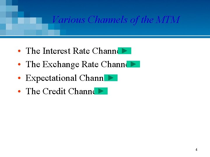Various Channels of the MTM • • The Interest Rate Channel The Exchange Rate