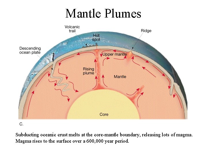 Mantle Plumes Subducting oceanic crust melts at the core-mantle boundary, releasing lots of magma.