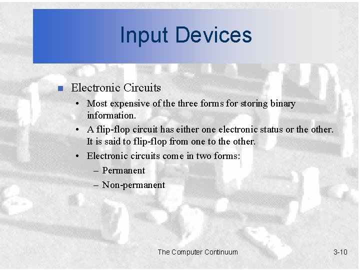 Input Devices n Electronic Circuits • Most expensive of the three forms for storing