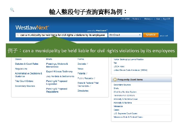 輸入整段句子查詢資料為例： 例子：can a municipality be held liable for civil rights violations by its employees