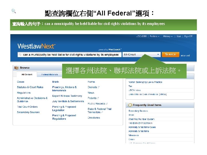 點查詢欄位右側“All Federal”選項： 查詢輸入的句子：can a municipality be held liable for civil rights violations by its