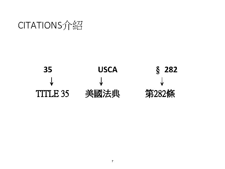 CITATIONS介紹 35 ↓ TITLE 35 USCA ↓ 美國法典 7 § 282 ↓ 第 282條