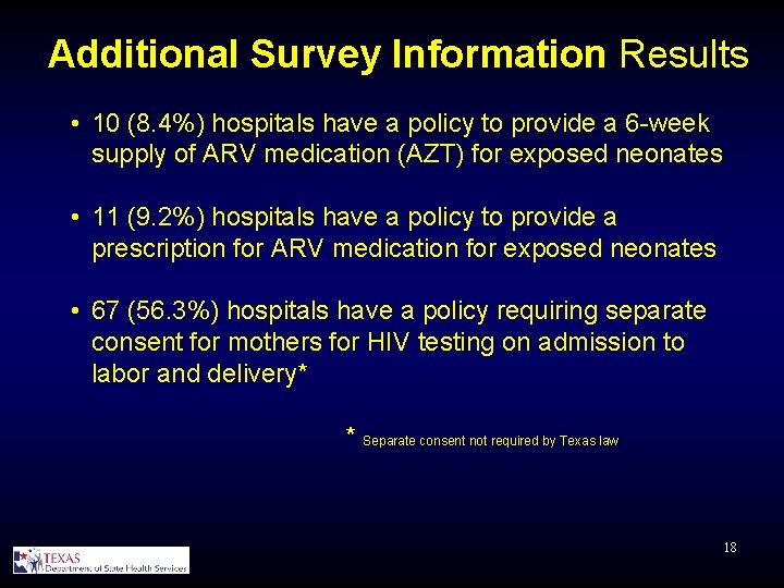 Additional Survey Information Results • 10 (8. 4%) hospitals have a policy to provide