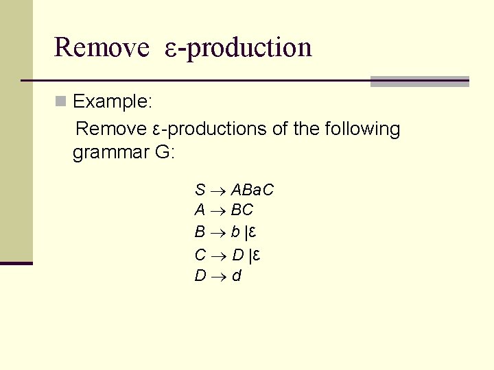 Remove ε-production n Example: Remove ε-productions of the following grammar G: S ABa. C