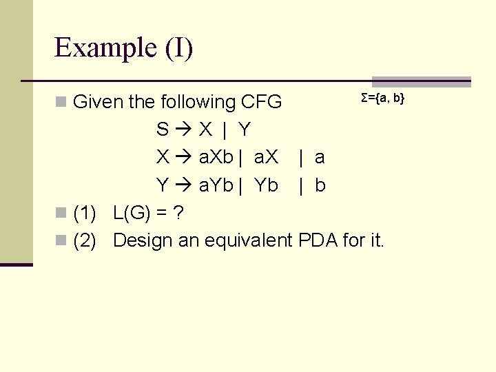 Example (I) n Given the following CFG Σ={a, b} S X | Y X