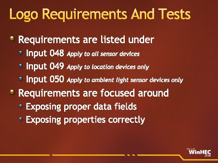 Logo Requirements And Tests Requirements are listed under Input 048 Apply to all sensor