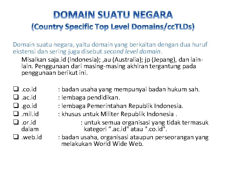 Domain suatu negara, yaitu domain yang berkaitan dengan dua huruf ekstensi dan sering juga