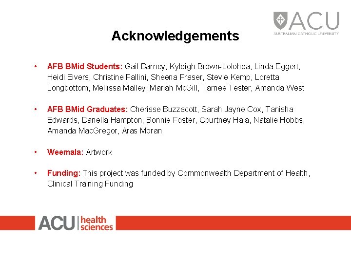 Acknowledgements • AFB BMid Students: Gail Barney, Kyleigh Brown-Lolohea, Linda Eggert, Heidi Eivers, Christine