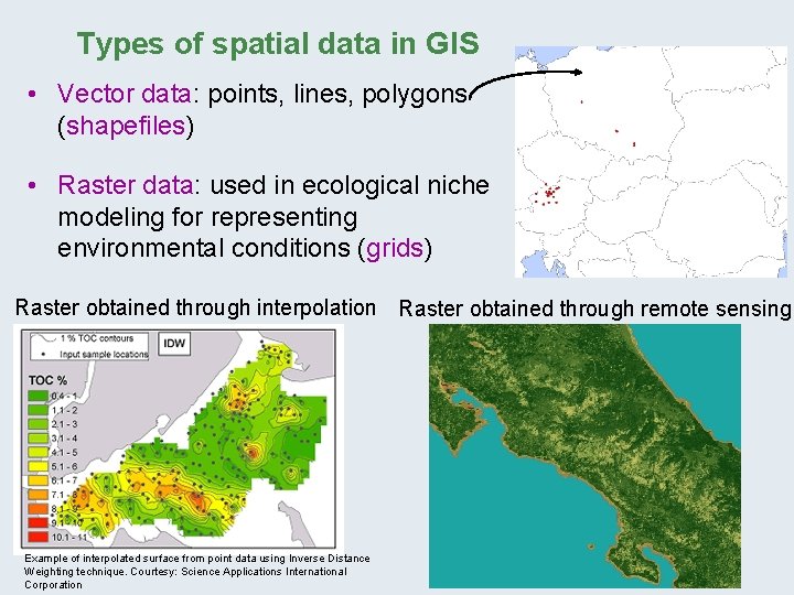 Types of spatial data in GIS • Vector data: points, lines, polygons (shapefiles) •