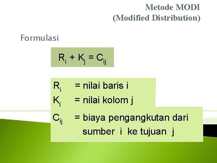 Metode MODI (Modified Distribution) Formulasi Ri + Kj = Cij Ri Kj = nilai