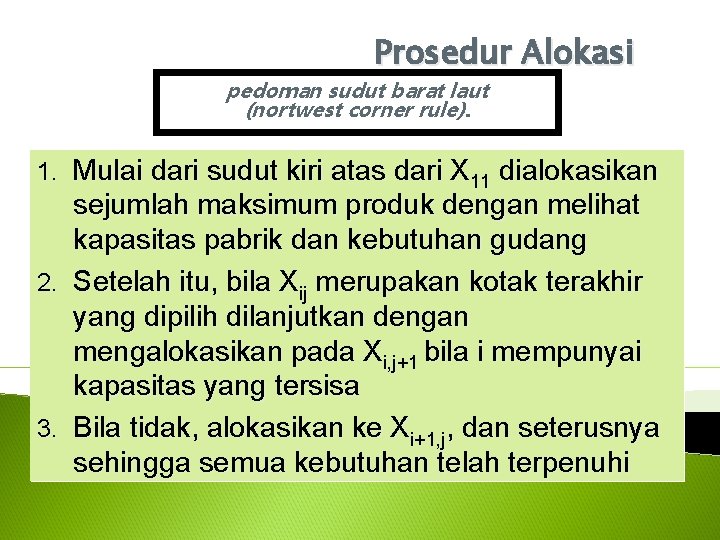 Prosedur Alokasi pedoman sudut barat laut (nortwest corner rule). 1. Mulai dari sudut kiri