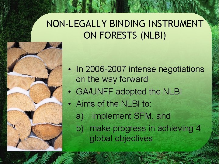 NON-LEGALLY BINDING INSTRUMENT ON FORESTS (NLBI) • In 2006 -2007 intense negotiations on the